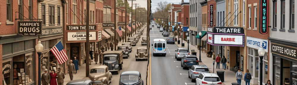 Split image of a town street with vintage 1940s cars and people on left and modern cars and pedestrians on right