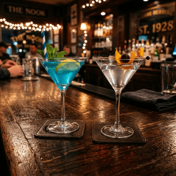 Blue cocktail with lemon slice and mint next to brown cocktail with cherry and orange peel on wooden counter