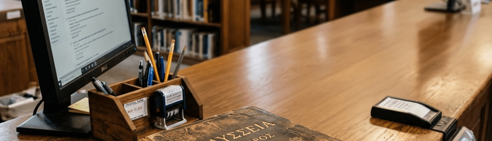 Librarian checking out books at a wooden library desk with computer and stacks of books