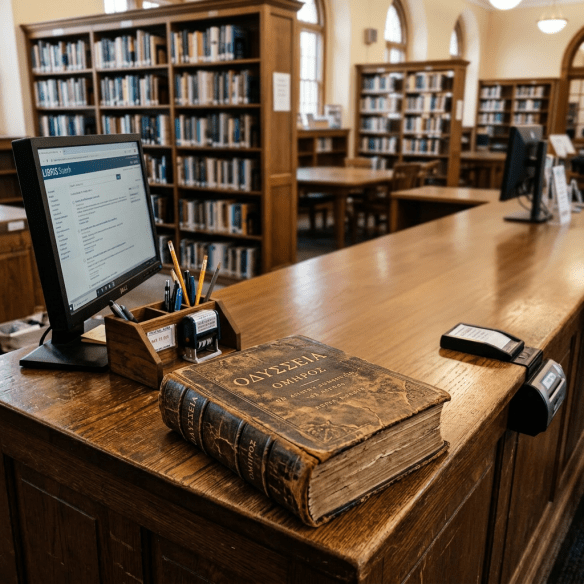 Librarian checking out books at a wooden library desk with computer and stacks of books