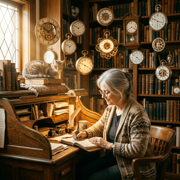 Elderly woman writing at a wooden desk with hanging clocks and a cat resting on books