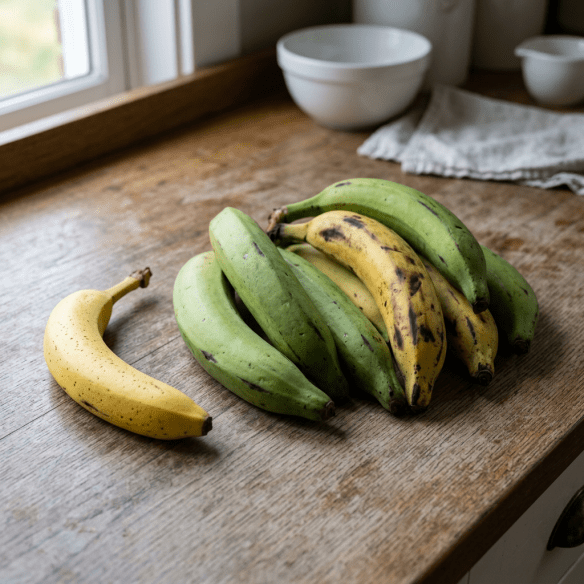 Green and ripe bananas arranged on a wooden kitchen table