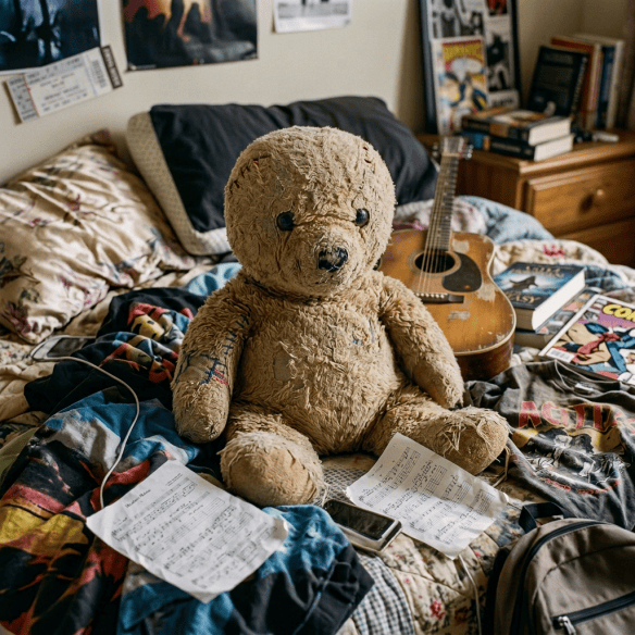 Well-worn teddy bear sitting on a patchwork quilt